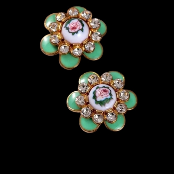 Floral Green and Gold Stud Earrings - Picture 3 of 3